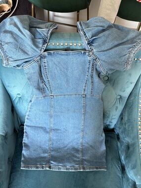 H&M Light Blue Denim Short Dress with Puff Sleeves